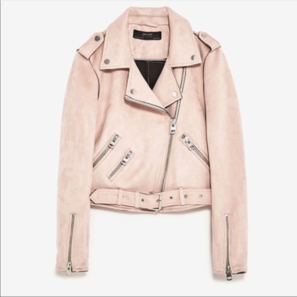 Zara faux suede moto jacket in blush pink